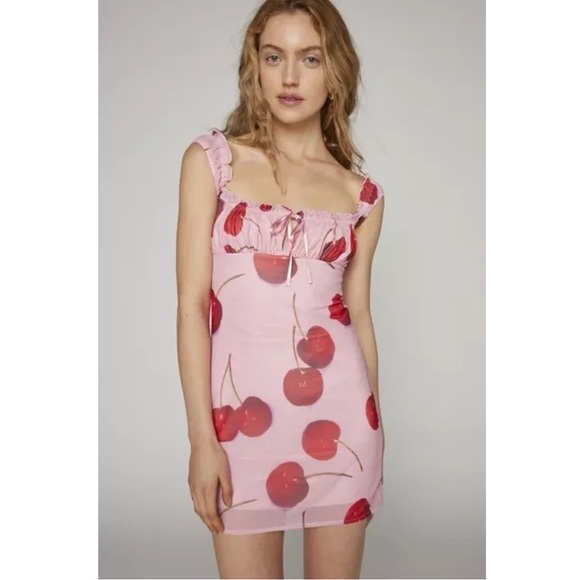 UO Kimchi Blue Cherry Bianca Mesh Mini Dress Pink Red Size Small Valentine’s Day - Picture 3 of 9